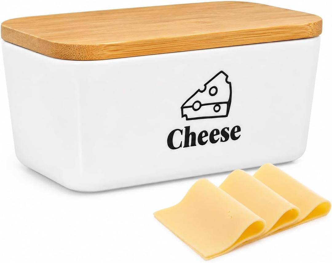 Cheese Container for Refrigerator, Ceramic Cheese Keeper with Airtight Bamboo Lid, Lunch Deli Meat Containers for Fridge,Shredded Cream Block Sliced,Grated,Cheddar Cheeses Storage Box Saver keeper, 700 ml