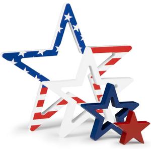COCHIE 4th of July Decorations Stars Set of 4, Red White Blue Decor, Patriotic Memorial Day Star Tiered Tray Decor, Labor Day Fourth of July Decoration for Home Office Table Shelf (Print)