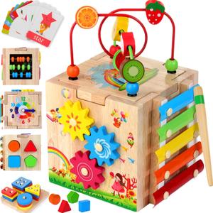 Batlofty Wooden Activity Cube, 8-in-1 Montessori Toys for 1+ Year Old Boys & Girls, Educational Learning Toys for Toddlers Age 1-2, 1st Birthday Gift with Word Cards | Bonus Sorting & Stacking Board (Pink Packaging)