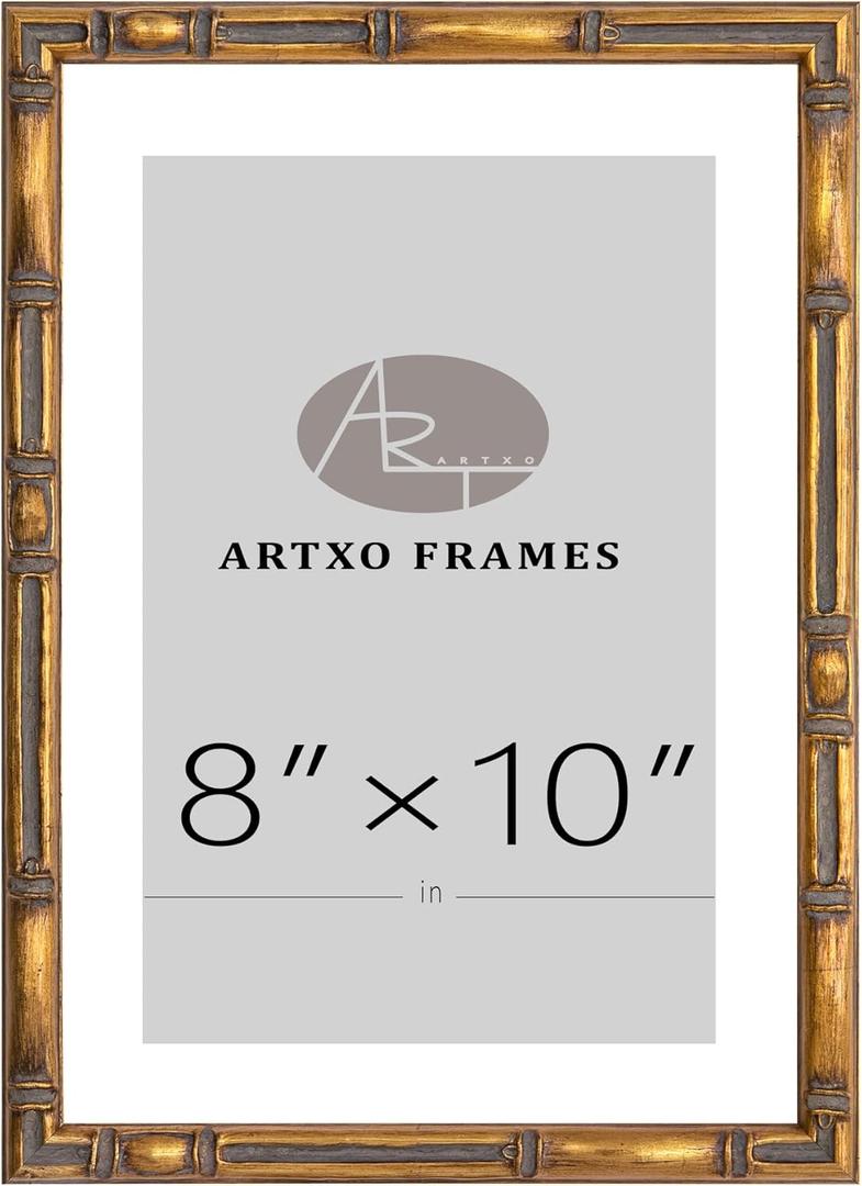 ArtXO 8"x10" Picture Frame Wooden, Display Pictures5 x7 with Mat or 8"x10" Without Mat,Gold Bamboo Poster Frames,Hanging Photo Frame Wall (Gold03(wide:17.5mm))