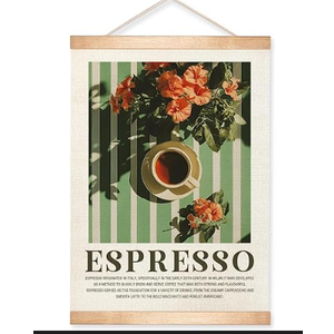 HEYJEEPER Vintage Espresso Coffee Wall Art Poster, Boho Green Striped Floral Linen Poster for Kitchen Coffee Bar Cafe Shop, or Office Wall Hanging Decor Wall Decor with Wood Frame Kitchen, Café 14 x 18 inch