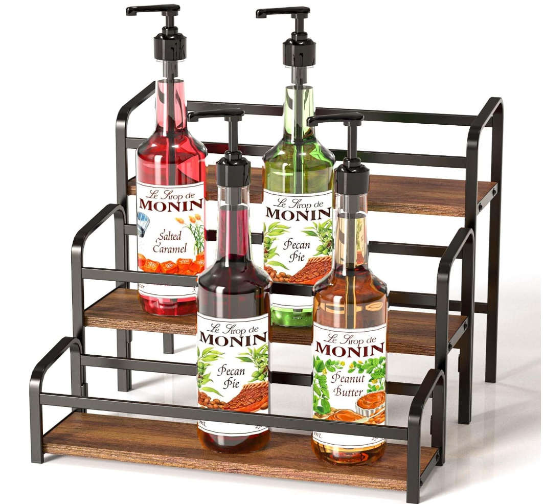 MIMIyasha Coffee Syrup Organizer, 3-Tier Syrup Rack 12 Bottles Capacity, Coffee Syrup Rack Free-Installation (Magnetic Connection), Spice Rack for Countertop, Bar, Kitchen