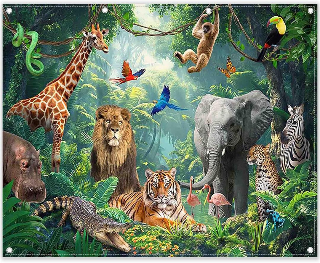 Fabric 10x8ft Jungle Forest Animals Photography Backdrop Tropical Rainforest Safari Background Wild Party Decorations Kids Event Photo Banner Props