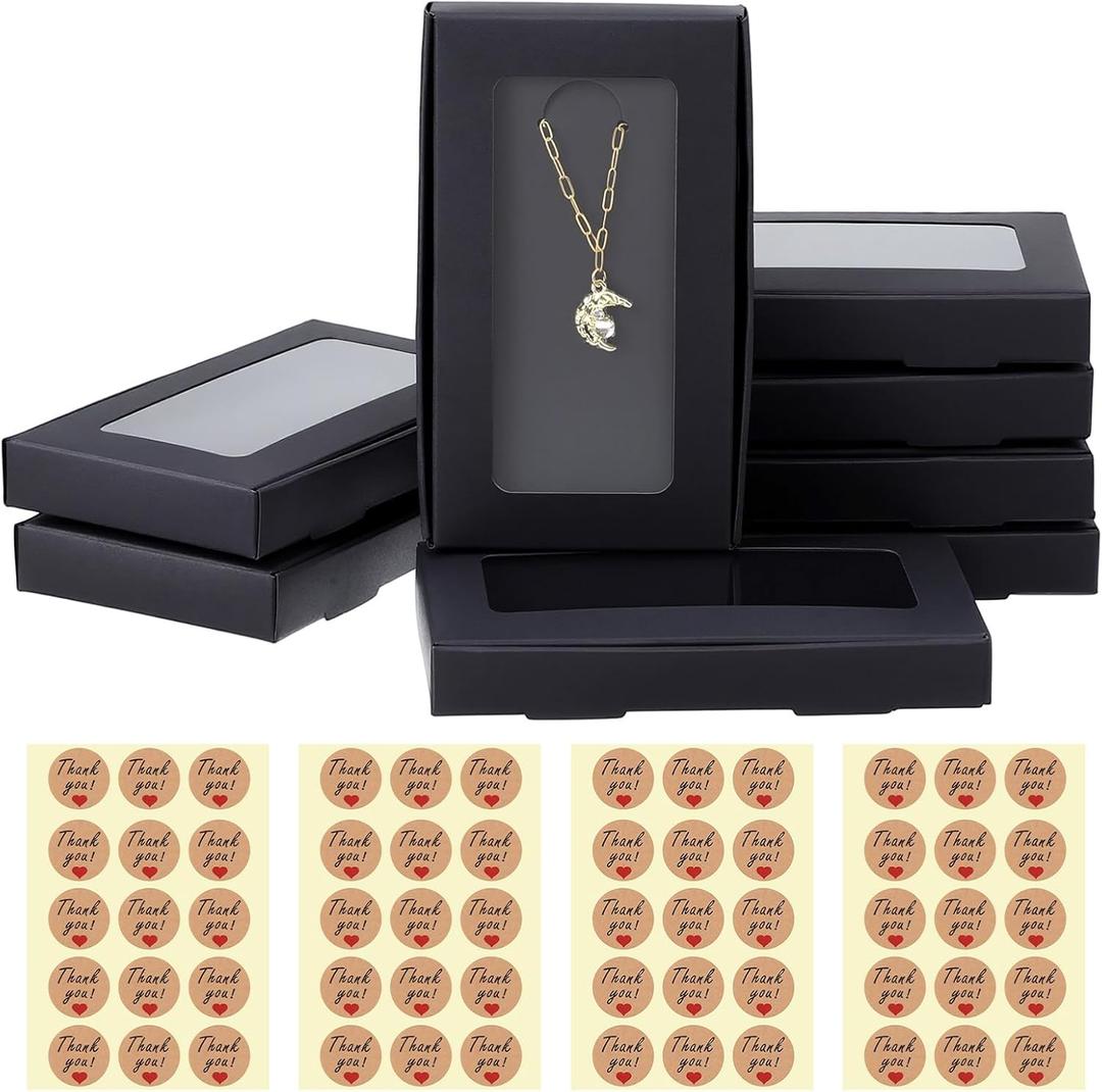 50 Pcs Jewelry Packaging Boxes Necklace Box 5.4"x3.4"x0.7" Paper Necklace Gift Box Bulk Necklace Boxes With Window 50Display Card 60 Sticker for Displaying Necklaces Rings Bracelets Earrings, Black