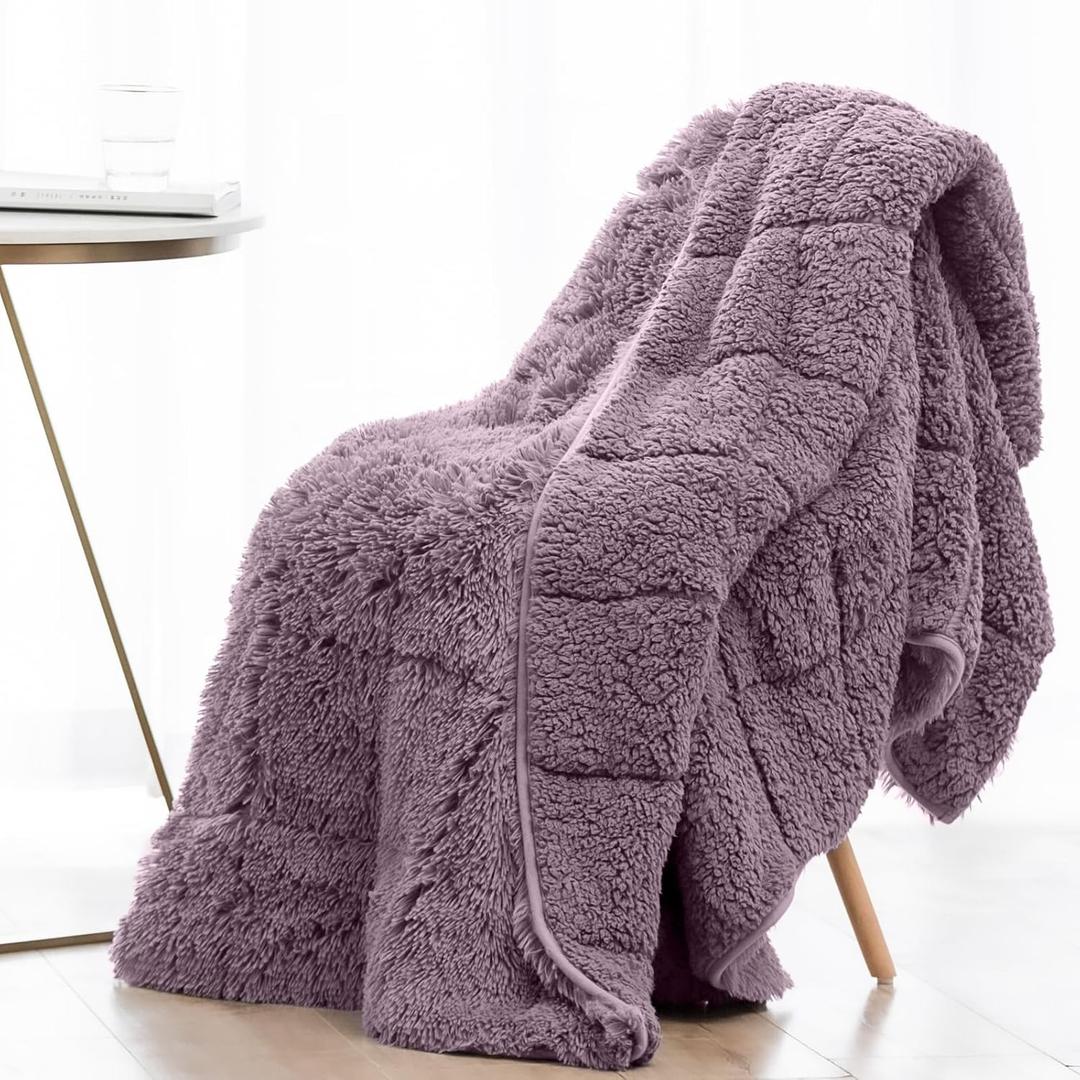 Wemore Shaggy Long Fur Faux Fur Weighted Blanket, Cozy and Fluffy Plush Sherpa Long Hair Blanket for Adult 15lbs, Fluffy Fuzzy Sherpa Reverse Heavy Blanket for Bed, Couch, Pink Purple, 60 x 80 Inches