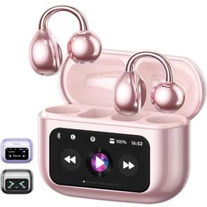 PAXA Clip On Open Ear Earbuds Wireless Bluetooth 5.4, Clip On Earbuds with LCD Touchscreen, Lightweight Comfort Open Ear Headphones for Sports, Fitness, and Workouts, Rose Gold M100