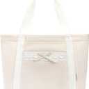 ECOHUB Lace Bows Canvas Tote Bag for Women, Large Work Tote Suitable for Birthday, Beach, Wedding, Honeymoon, Shoulder Handbags Gifts for Mom, Brides, Friends, Bridesmaids, Beige 24L