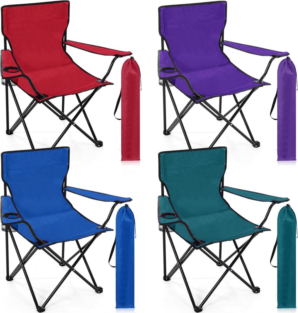 4 Pcs Folding Camping Chairs with Cupholder and Carry Bag Regular Size Portable Lightweight Lawn Chair with Mesh Side Pocket for Fishing Hiking Picnic Beach Outdoor Party (Chic)