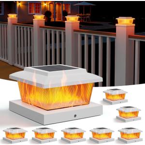 APONUO 8 Pack Solar Flame Post Cap Lights, Flickering Flame & Warm White Modes, IP64 Waterproof SMD LED for 4x4 5x5 Wood/Vinyl Posts, Auto On/Off Solar Powered, Outdoor Deck Yard Fence Decor, White