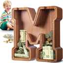 Summidate Large Wooden Piggy Bank for Kids Adults, Alphabets Letter A-Z Piggy Bank for Boys Girls, Coins Bills Change Bank Box Personalized Initial Name Kids Money Bank for Birthday Present and Decor