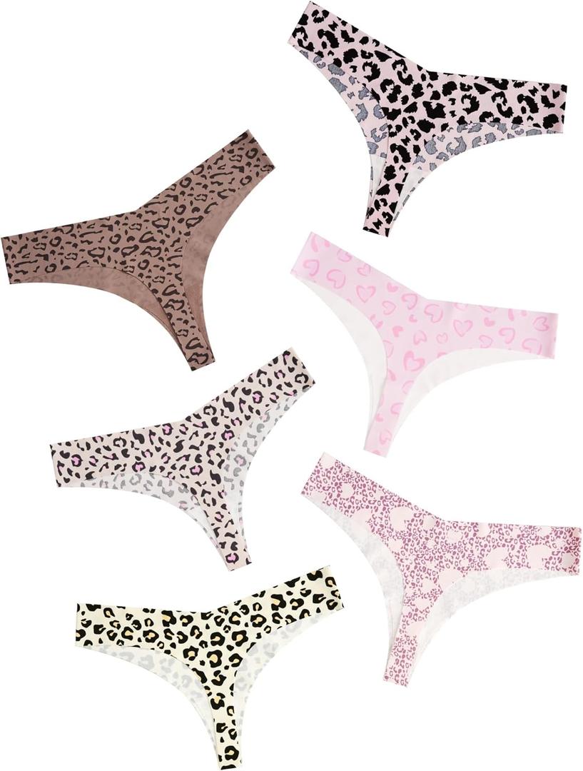 DEANGELMON Seamless Thongs for Women No Show Thong Underwear Women Comfortable Multiple Pack (Small, Leopard Print-6 Pack)
