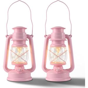 Pink LED Vintage Lantern with 20 LED Lights Silver Wire, Suitable for Home and Outdoor Usage, Battery Powered, 6/18 Timer, Adorable Pink Color for Wedding, Party or Valentines Day, 2 Pack