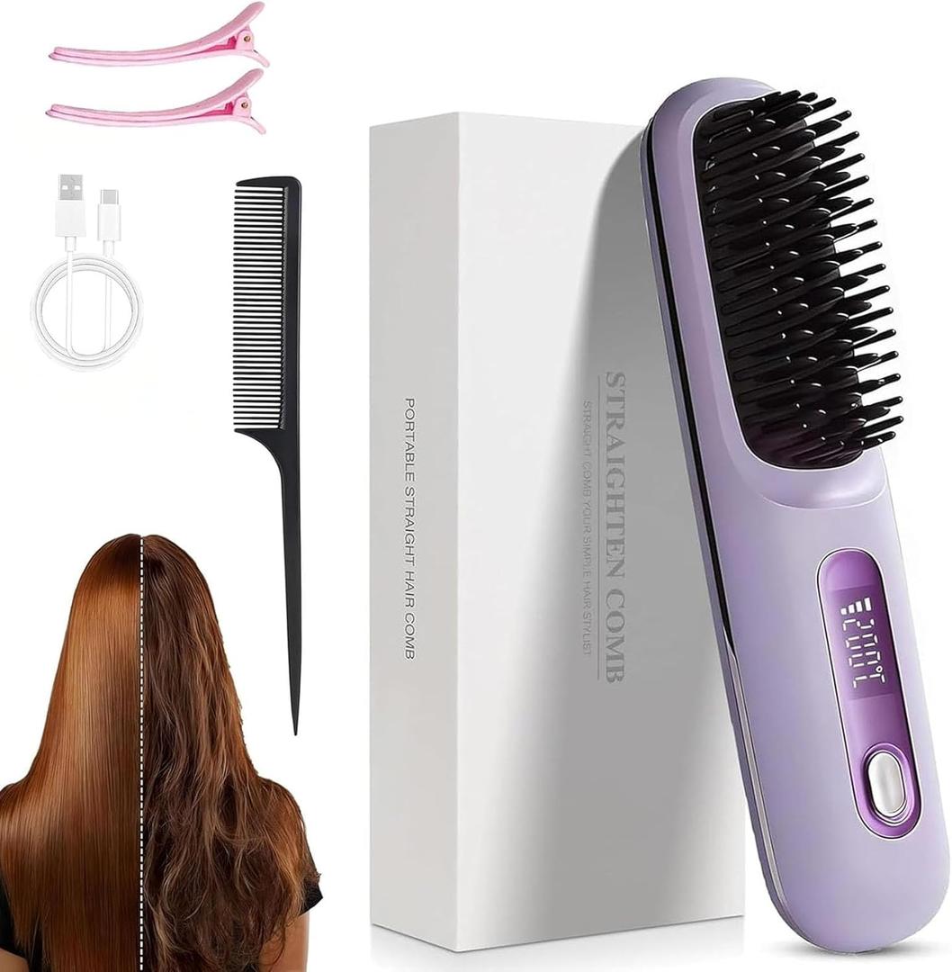 Go Brush Pro, 2026 Upgraded Go Brush Pro Hair Straightener Brush, Travel-Friendly with LCD Temperature Display, Portable Hair Straightener, Fast Heating Cordless Mini Hair Brushs (Purple)
