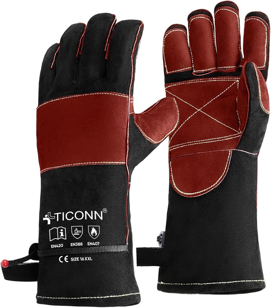 TICONN 16 Inch Welding Gloves, 1000°F Heat-Resistant Fireproof Leather Gloves for Welders, Stick, Forge, Mig, Tig, BBQ, Baking, Oven (Black/ Red, XL)