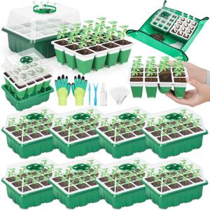 Reusable Silicone Seed Starter Tray, 96 Cells Seed Starter Kit with Humidity Adjustable Dome and Lid, 8 Packs Plant Germination Trays with Repotting Mat Germination Kit for Seeds Grow Starting