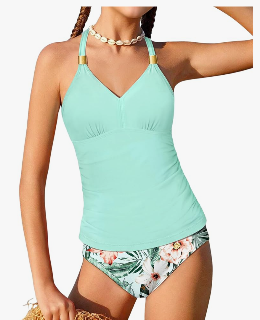 NECIOUS Girls Swimsuit 2 Piece Bathing Suit Halterneck Ruched Tankini Sets Printed Girls' Swimwear for 15-16 Y