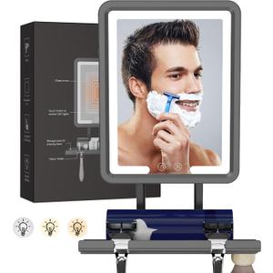LED Fogless Shower Mirror for Shaving - Heated Fog Free, 3 Dimmable Lights, 360 Adjustable, Rechargeable - with Storage Tray, Razor & Shaving Brush Holders, Gifts for Men