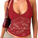 Matunana Women's Lace Halter Tops Going Out V Neck Crop Backless Sleeveless Tank Y2k Cute Sexy Shirt Summer Trendy 2026 (Red, S)