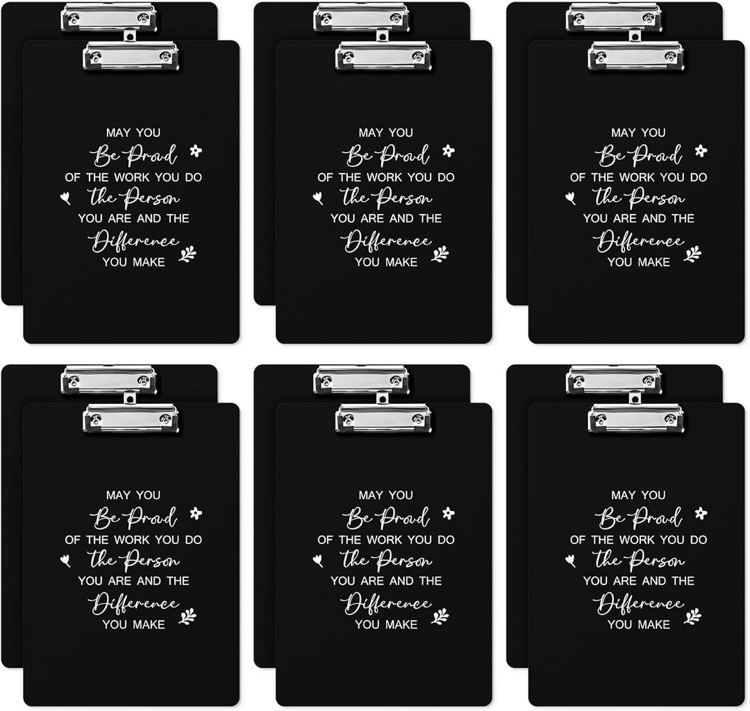 Thenshop 12 Pcs Employee Appreciation Gifts Inspirational Clipboards Black Plastic Clip Boards with Low Profile Clip for Employee Coworker Team Teacher Gifts Office Supplies, A4 Letter Size