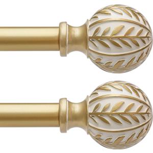 2 Pack Gold Curtain Rods for Windows 48 to 84 inch,1" Adjustable Heavy Duty Window Curtain Rod with Leaf Finials,Rustic Decorative Drapery Rods Set,Size:36-88''