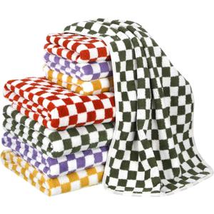 Peryiter 8 Pcs Checkered Bath Towels Set 4 Pcs 13.78" x 29.53" Checkered Face Hand and 4 Pcs 27.56" x 55.12" Shower Bath Towels Absorbent Soft Cute for Bathroom Spa Gym Kitchen