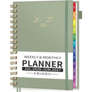 EMSHOI Academic Planner 2026-2027, Weekly and Monthly Calendar (July 2026 - June 2027), School Student Teacher Agenda Book, 100GSM Paper, PVC Cover, Colorful Tabs, A5 (6.38" x 8.35"), Light Green
