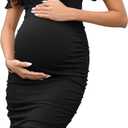 BeautyNee Women's Short Puff Sleeve Maternity Dress Summer Square Neck Ruffle Hem Smocked Bodycon Dress for Baby Shower (Black) L