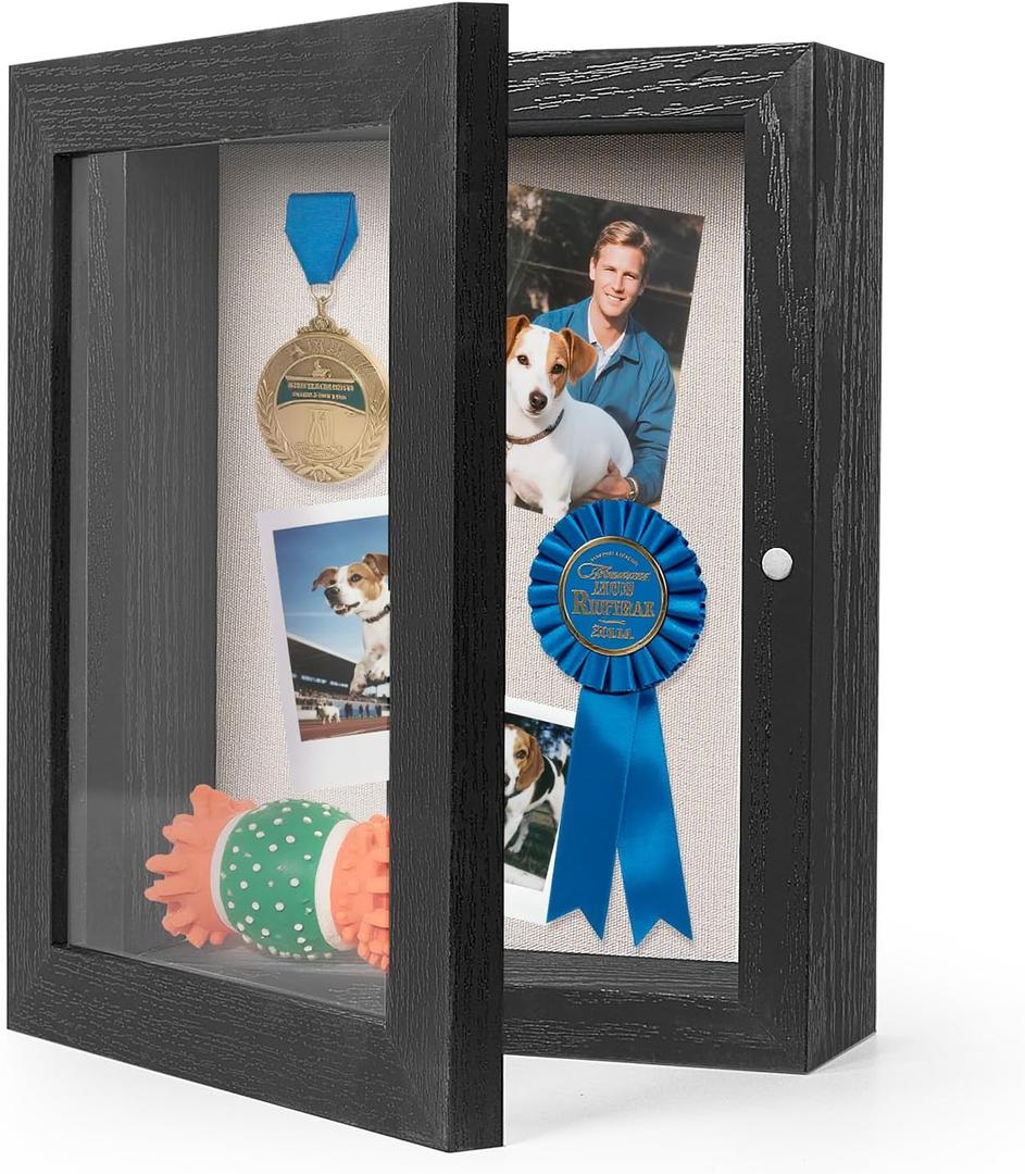 HOUSE DAY Shadow Box Frame 8x10, Front Open Magnetic Shadow Boxes Display Cases with Linen Back, Pins, for Photos or 3D Itmes Under 6x8, Tabletop or Wall Mount Display Case for Memorabilia, Black