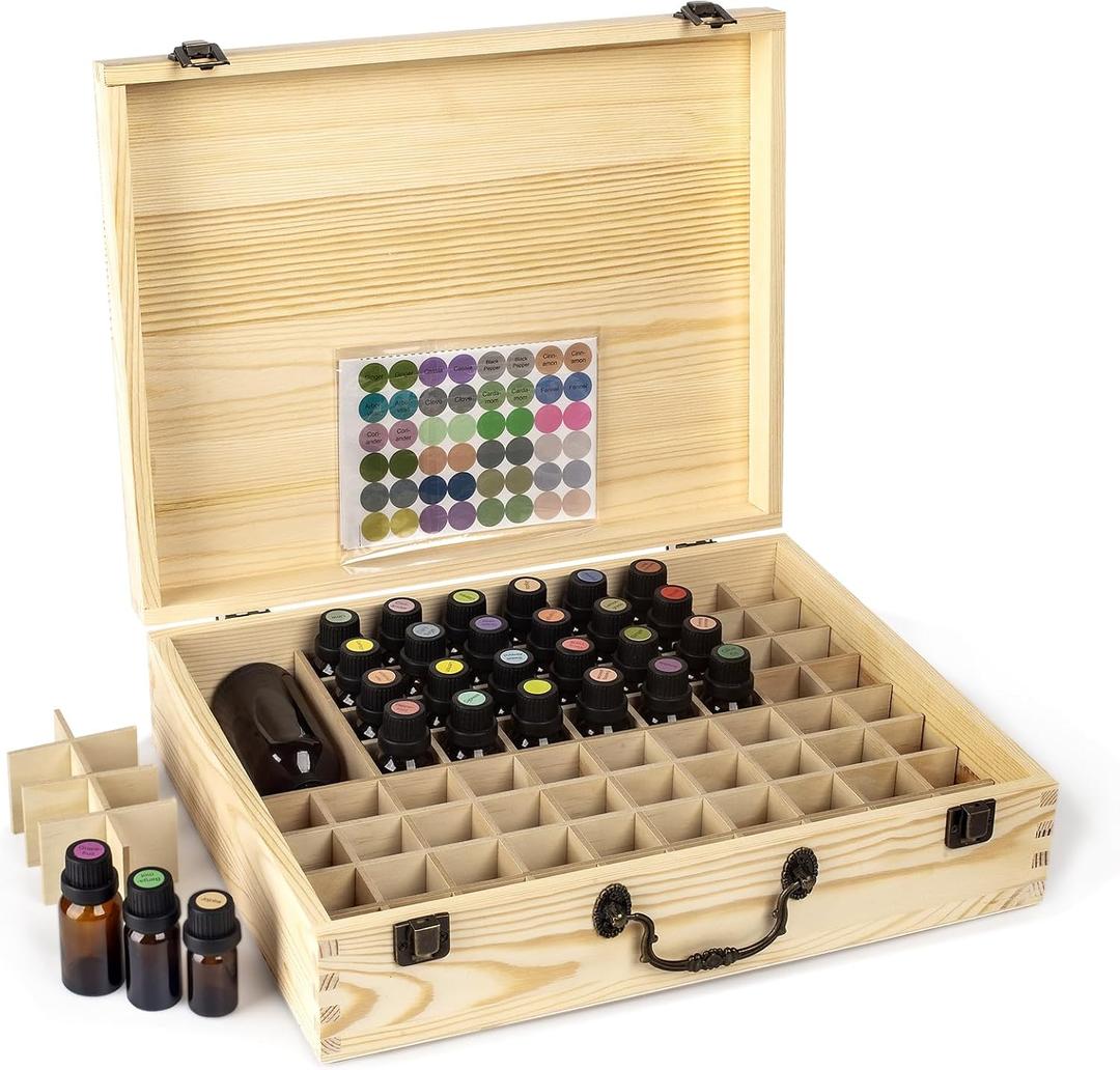 Essential Oil 80 Slots Storage Box Wooden Essential Oils Display Organizer Stand Holder for 15 ml Bottles Nail Polish Collection.