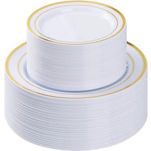 BESTVIP 100PCS Gold Plastic Plate, Disposable Party Plates with 50 Dinner Plates and 50 Dessert Plates, Plastic Plate for Parties, Wedding and Birthday
