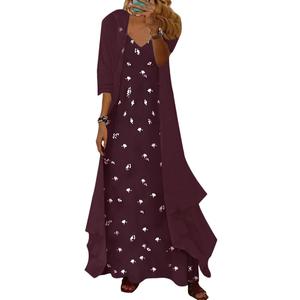 LOZ 2 Piece Dress Sets for Women Spaghetti Strap Dress with Sheer Cardigan, XL Burgundy 