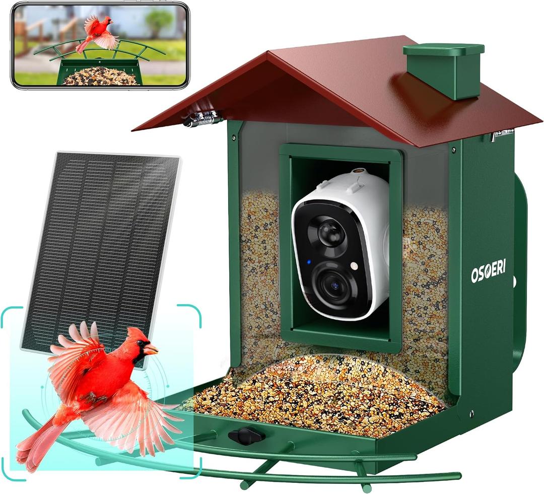 Osoeri Bird Feeder with Camera, Camera Bird Feeder for Outside, Solar-Powered, Smart AI Identify Birds, Auto Capture Video & Instant Arrival Alert, Ideal Gift for Family and Birdlover (Green)