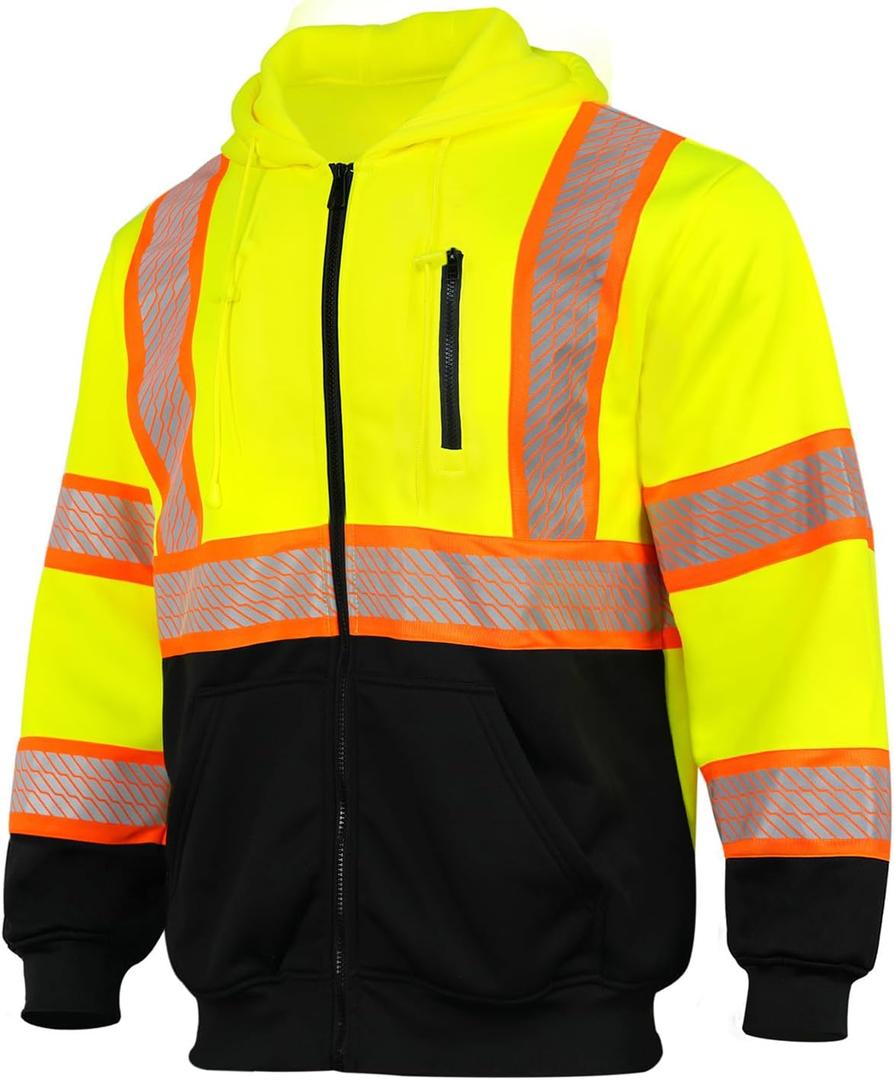 GLIMMR High Visibility Safety Hoodie Reflective ANSI Class 3 Sweatshirts for Men Hi Vis Construction Work Zipper Jackets (L)
