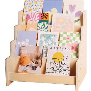 Greeting Card Display Stand Holder, 4-Tier Wooden Organizer Rack for Retail Stores, Postcards, Stickers, Stationery