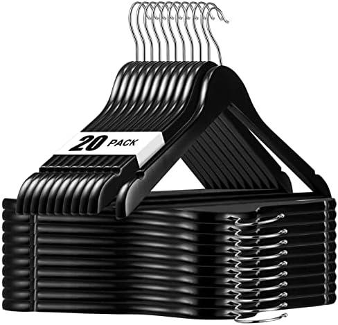 HOUSE DAY Black Wooden Hangers 20 Pack, Solid Wood Hanger with Non Slip Pant Bar, Heavy Duty Wooden Coat Hanger for Closet, Smooth Finish Wood Clothes Hangers for Shirts, Suits, Jackets, Dress