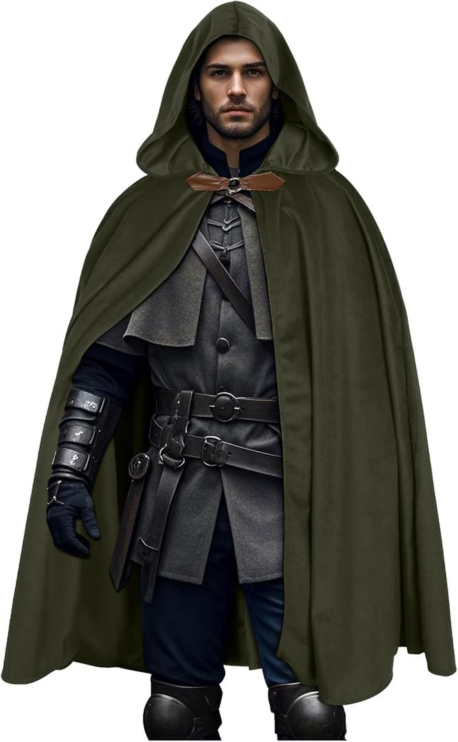 L'VOW Medieval Velvet Hooded Cloak - Renaissance Cape with Hood Vintage Capelet Halloween Sorcerer Costume (Dark Green)
