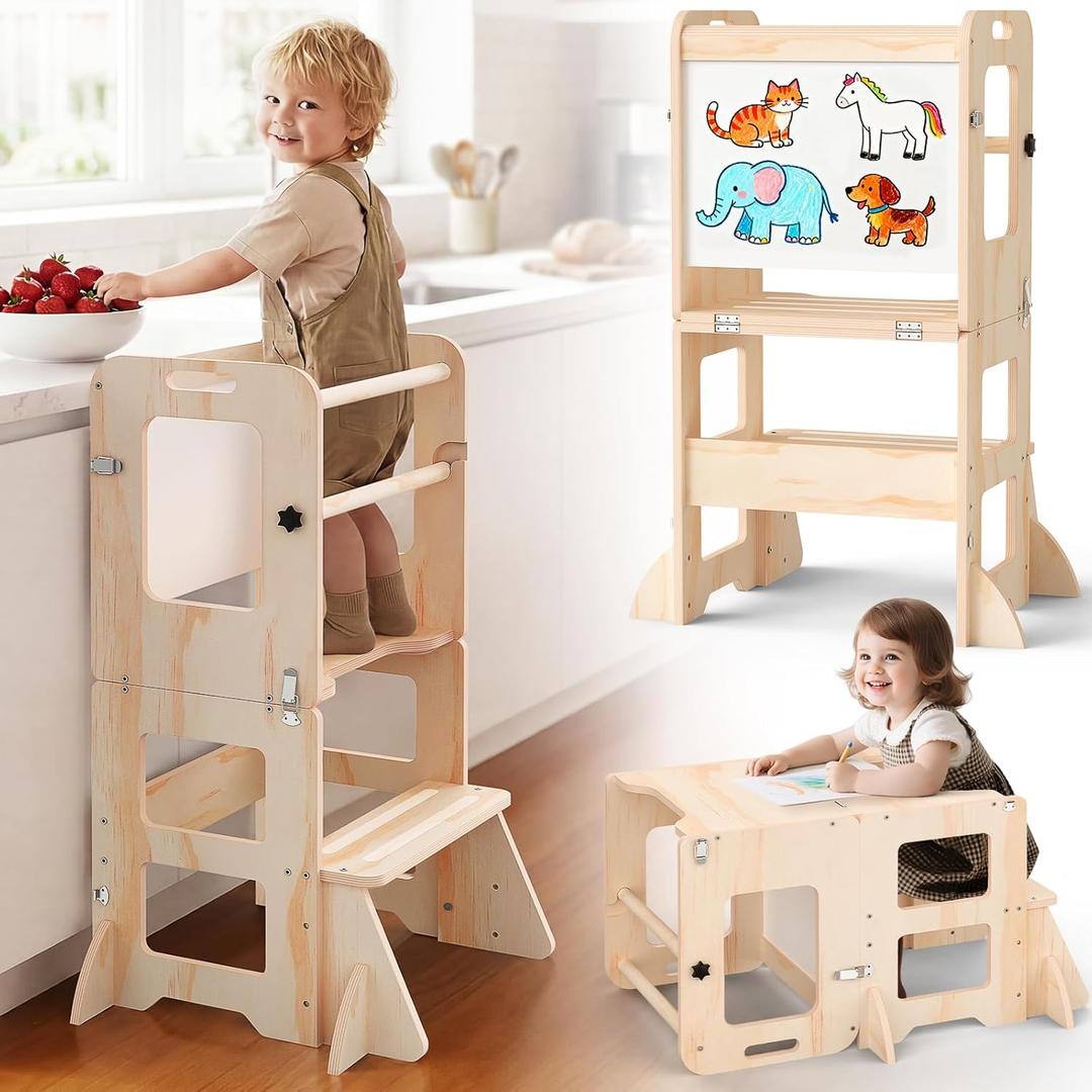 4-in-1 Toddler Kitchen Step Stool, Foldable Learning Standing Tower with Whiteboard, Wooden Kitchen Stool Helper for Kids, 1-3 Year Old Boy Girl Gifts (Natural Wood Color)