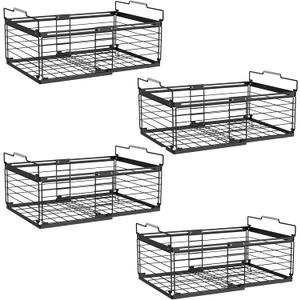 NADAMOO Freezer Organizer Bins, 4 Packs Large Expandable Stackable Chest Freezer Containers with Handle, Metal Adjustable Storage Baskets for Fridge, Deep Freezer, Cabinet, Kitchen, Pantry - Black