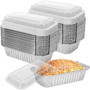 LeonBach 50 Pack Disposable Mini Loaf Pans with Lids,1.5 Lb Disposable Bread Pans Small Aluminum Foil Loaf Pans with Lids for Homemade Baked Goods Packaging,Storing,Takeout