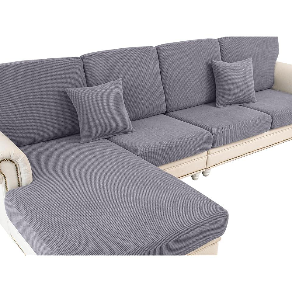 LA MEACK Couch Cushion Covers for Sectional Sofa L Shape Washable Separate Seat Chaise Couch Cover Stretch Sofa Slipcovers with 2 Pcs Pillowcases(3 Seater + 1 Chaise, Light Grey)