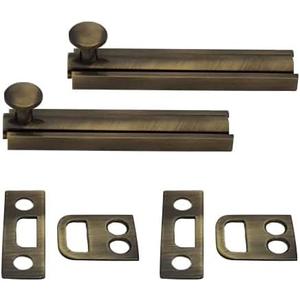 QCAA Solid Brass Surface Bolt, 4", Antique Brass Brushed, 2 Pack, Made in Taiwan
