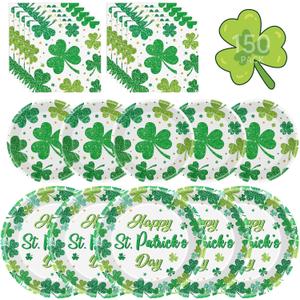 150 Pcs Happy St Patricks Day Plates and Napkins Set - Disposable St. Patrick's Day Tableware kit, Green Shamrock Paper Dinner Dessert Plates Dinnerware for St Patrick Day Party Decorations, Serve 50