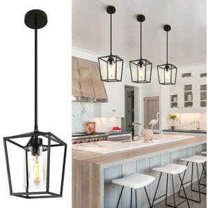 Black Pendant Lights 1-Light Pendant Lights Kitchen Island Farmhouse Lantern Pendant Light Iron Cage Hanging Light Fixtures with Clear Glass Shade for Dining Room, Entryway, Hallway, Porch