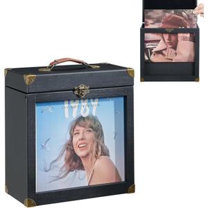 Vinyl Record Storage, Solid Wood Vinyl Record Box with Display Window Fits Standard Records- 7/10 Inch, (Upgrade Latch) Record Storage Case Hold 30-35 Records (Black)