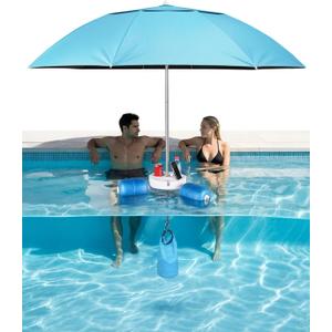 Floating Pool Umbrella 6.6ft - Portable UV Sun Shade Canopy with 3 Drink Holders, Stability Anchor Bag & Secure Floating Design - In-Water Use for Swimming Pools, Lakes, Beach and Outdoor Leisure