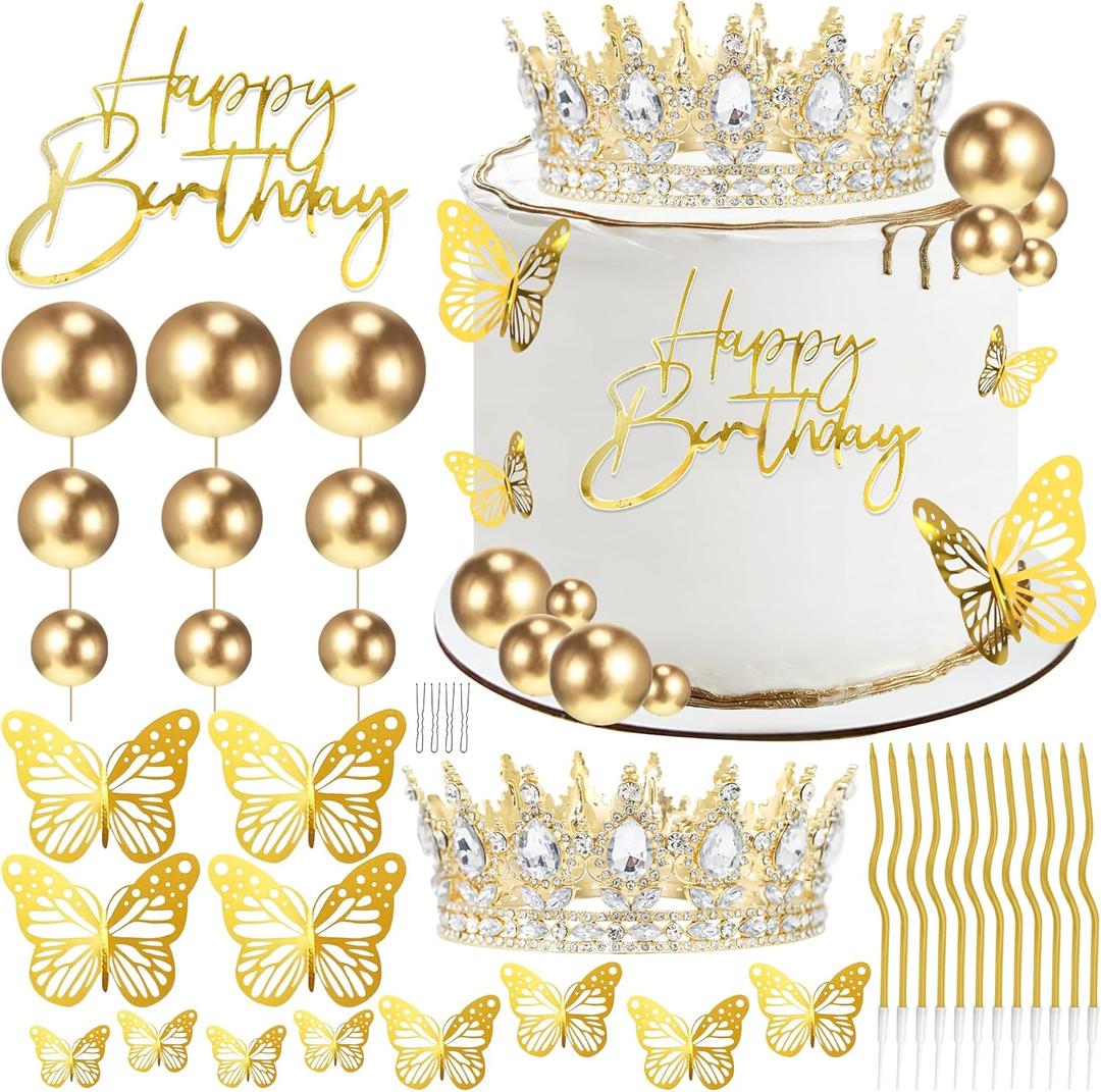 AMZVALU Crown Cake Topper, Corona Para Pastel, Crown Happy Birthday Cake Toppers Balls Candles Butterflies, Birthday Crown for Women Queen Princess Men Party Wedding Cake Decor (Gold, White)