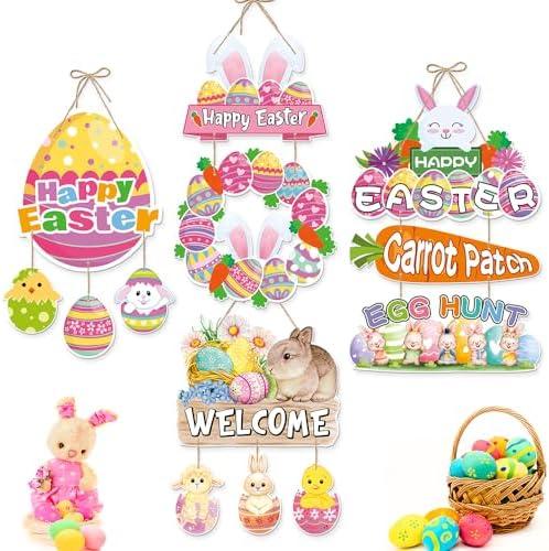 JLCFUTURE 4Pcs/set, Easter Decorations Door Hanger Happy Easter Paper Door Hanging Easter Day Party Supplies Festival Decoration Eggs Rabbits Pattern Door Hanger Corridor Wall Pendant Home Decor, Set of 2