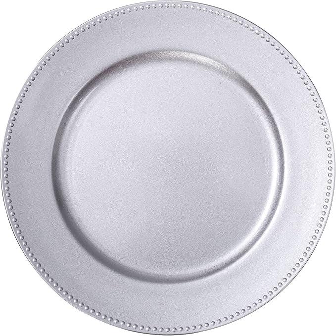 MAONAME Round Charger Plates Set of 6, 13 Inch Brown Charger for Dinner Plates, Farmhouse Faux Wood Plate Chargers, Rustic Table Chargers for Weddings, Party, Silver