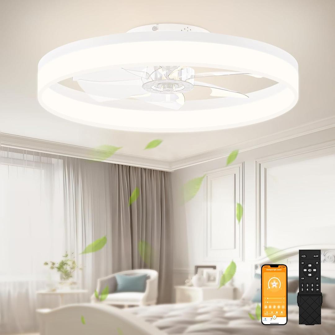 VOLISUN Low Profile Ceiling Fans with Lights and Remote, 23.6in Flush Mount Ceiling Fans with Light, 3000K-6500K Dimmable Fandelier LED Fan Light, Bladeless Ceiling Fan with Lights for Bedroom(White)
