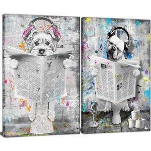 Funny Dog Bathroom Wall Art - Set Of 2 Framed Canvas Prints - Humorous Black and White Toilet Decor With Headphones Bulldog and Yorkie - Funny Bathroom Decor For Restroom Bedroom Wall 16x24in